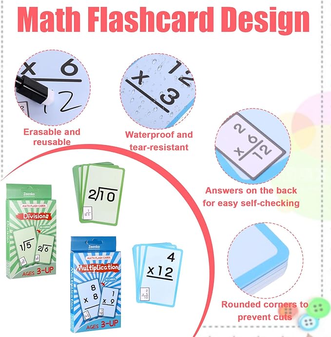 72 Pcs Math Flash Cards, Multiplication and Division Flash Cards for Studying, Math Manipulatives for Kindergarten Elementary Homeschool Classroom, Learning & Education Math Games for Kids Ages 4-12