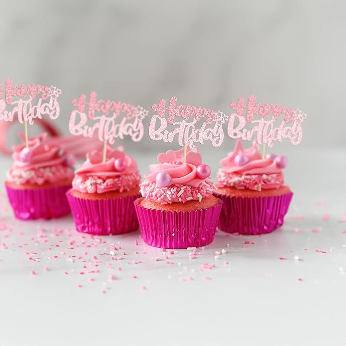 Ephlyn 24Pcs Pink Light Pink Happy Birthday Cupcake Toppers for Baby Shower, Kids Boys Girls Birthday Anniversary Party Cake Decorations