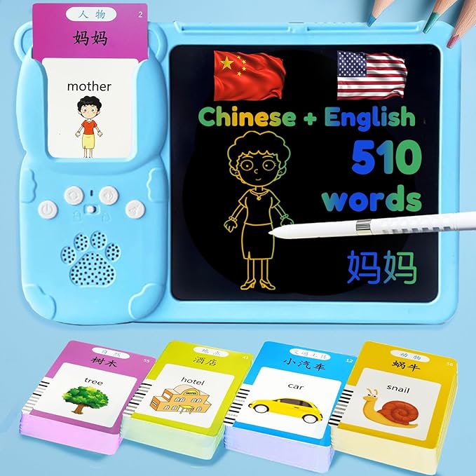 Drawing Tablet with Bilingual Flashcards for Kids - Chinese English Talking Flash Cards, LCD Writing Pad Board, Pocket Speech for Toddlers, Learning Toy Gift for Boys Girls (Chinese, Blue)