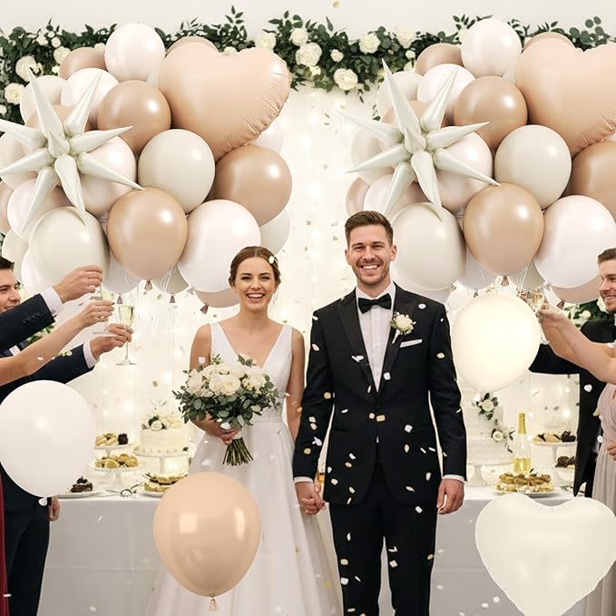 Netural Balloons, 12Inch Double Stuffed Beige Cream Tan Balloons Blush White Sand Boho Balloon with Star Balloon for Netural Gender Reveal Bridal Birthday Wedding Party Decorations