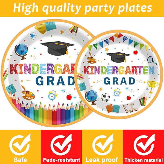 Kindergarten Graduation Party Supplies Pre-K Grad Tableware Set Preschool Graduation Plate Napkin Kindergarten Disposable Paper Dinnerware Kit for Graduate Party decoration Favor 24 Guest (White)