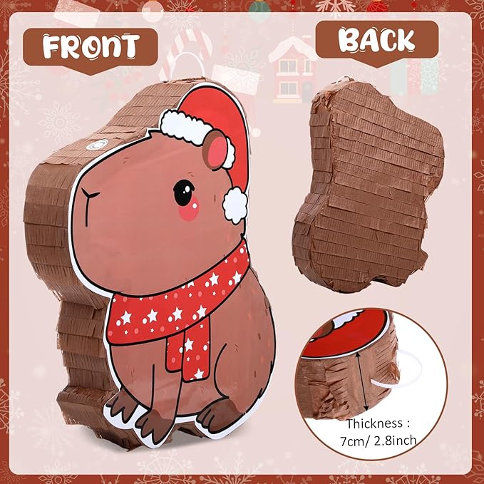 Christmas Capybara Piñata for Kids Birthday Party 15.7 x 10 x 2.8 Inches Santa Hat Animal Piñata with Bat Blindfold and Confetti for Baby Shower Photo Props Decoration