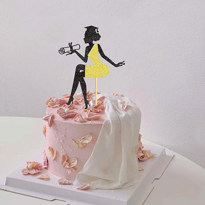 1 Pcs High Heel Girl Graduation Cake Topper with Grad Cap Diploma Cake Pick 2026 Senior Cake Decorations for 2026 Girl Graduation Theme Party - Black Gold Glitter