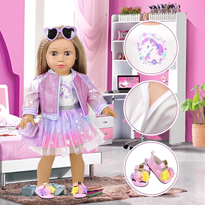 American 18 Inch Doll Makeup Accessories and Clothes Set Includes 18 Inch Doll Clothes and Shoes Bag Makeup Brush Set Foldable Haircomb Eyeshadow Lipstick Bow Hair Clip Sunglasses Hair Rope（No Dolls）