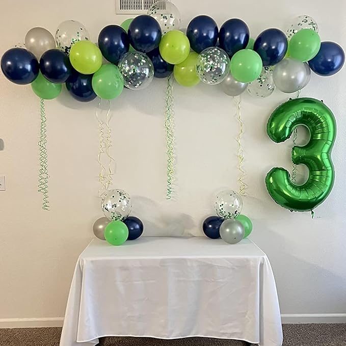 Blue and Green Balloons, 12 Inch Dinosaur Balloons, Navy Blue Dark Fruit Green White Teal Latex Balloon Set with Confetti Balloon for Boys Dinosaur Birthday Football Video Game Jungle Dino Theme Party
