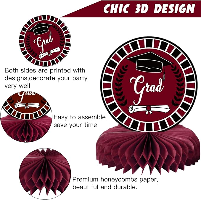 10PCS Graduation Party Decorations Class of 2026 Congrats Grad Table Centerpieces Congratulate Graduation Honeycomb Table Toppers for Graduation Party Supplies(Maroon Black)