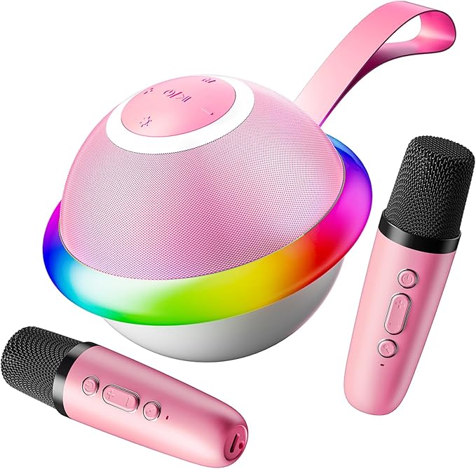 Mini Karaoke Machine for Kids with 2 Wireless Microphones, Portable Bluetooth Speaker Gift for Girls Toys 4, 5, 6, 7, 8, 9, 10, 12+ Years, LED Lights Chritmas Birthday Festival for Party, Home(Pink)