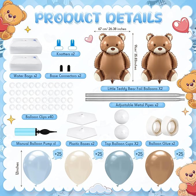 Kasyat 2 Set Bear Baby Shower Balloon Column Stand Kit Dusty Blue and Brown Balloon Arch Garland Kit, Bear Baby Shower Decorations Backdrop for Gender Reveal Birthday Party Supplies