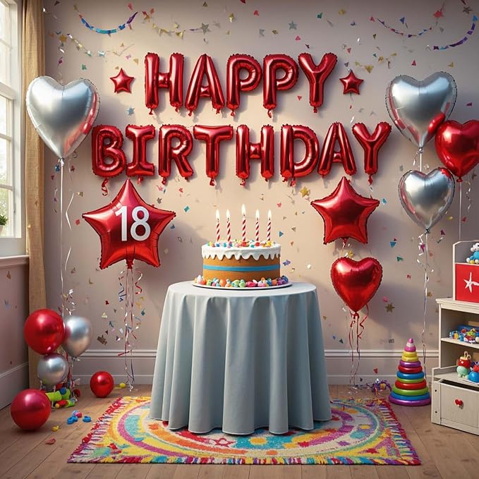 27 Pcs Red Silver Birthday Decorations, Red Happy Birthday Letters Balloon Banner 3D, Pentagram Heart Foil Balloons Confetti Balloons Kit For Boys Girls Party Supplies
