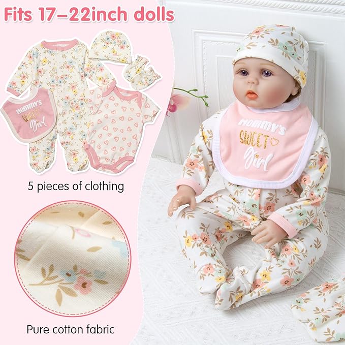 13 Pcs Reborn Baby Doll Clothes Pink Flower for 18-22 Inch Reborn Newborn Dolls Clothes Accessories Lovely Backpack Diapers Sets