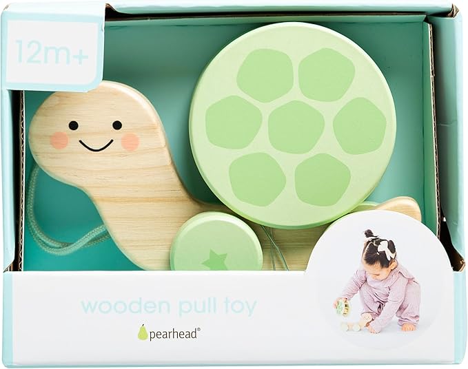Pearhead Wooden Turtle Push and Pull Toy, Montessori Shake and Rattle Shell, Baby Walking and Gross Motor Development Learning, Pull Along Car Toy, Ages 12m+