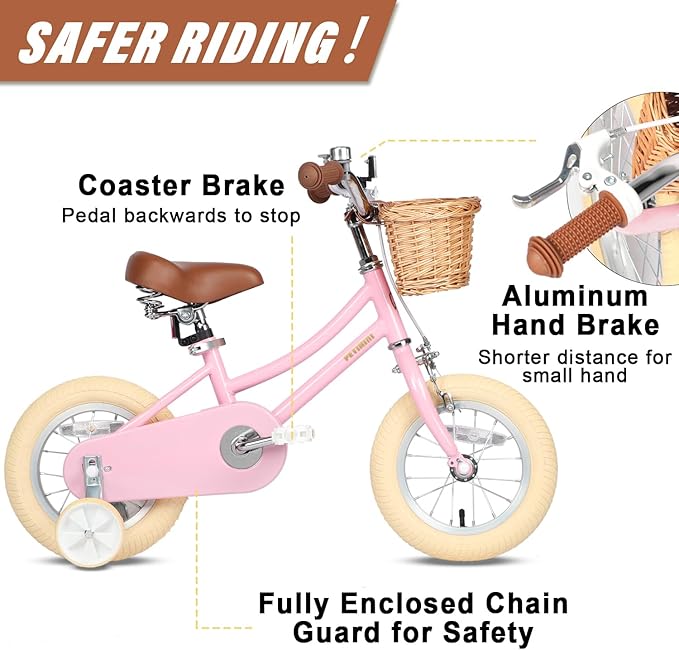 Petimini Vintage Kids Bike for Girls, 12–20 Inch Classic Bicycle with Wicker Basket & Bell, High Tensile Steel Frame, Training Wheels (12–18”), 85% Pre-Assembled, Retro Bike for Outdoor Riding