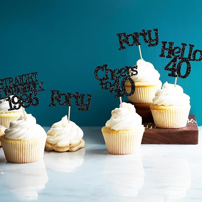 Ephlyn 24Pcs Happy 40th Birthday Cupcake Toppers Glitter Forty Cupcake Picks Hello 40 Cheers to 40 Years Birthday Cake Decorations for 40th Birthday Anniversary Party Supplies Black