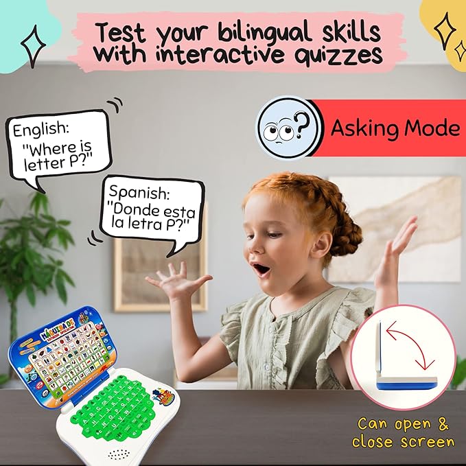 ZEENKIND Spanish English Toy Laptop, Toddler Learning Toys 2 3 4 Years Old, Spanish Learning Bilingual Toy Computer for Kids, Educational Computer Toys with Alphabet Numbers Words Spelling Math