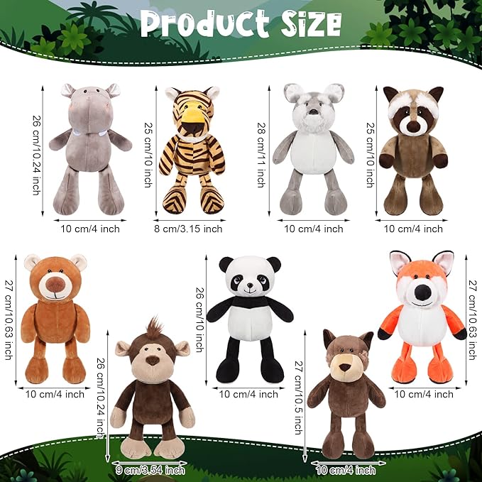 Lenwen 24 Pcs Safari Stuffed Animals Set 10 Inch Jungle Plush Animals Bulk Lion Elephant Giraffe Zebra Panda Soft Stuffed Toys for Jungle Party Favors, VBS Prizes Rewards Gifts