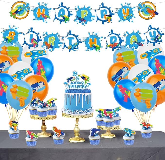 Water Gun Birthday Party Supplies Pool Birthday Party Supplies Set Water Gun Theme Party Decorations Include 1 Banner 1 Cake Topper 16 Balloons 24 Cupcake Topper