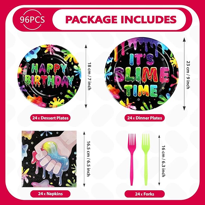 96Pcs Slime Birthday Party Supplies It's Slime Time Plates and Napkins Colorful Splash Splatter Theme Disposable Paper Tableware Set for Kids Boys Girls Birthday Party Decoration Serves 24