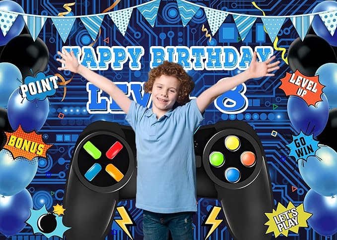 Game Theme Level 8 Birthday Backdrop Video Game Happy 8th Birthday Party Decorations Level Up Theme Boys Kids Birthday Party Supplies(7×5FT)