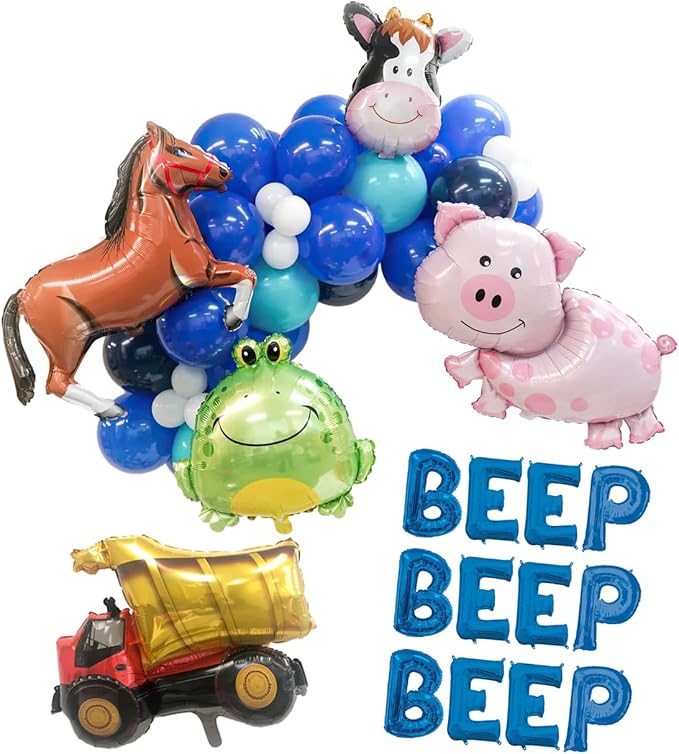 100% LIKED-Beep Beep Beep Balloon Garland, Blue Letters Balloon Banner, Little Truck Birthday Decorations, Pig Toad Cow 1st Birthday Party Decorations