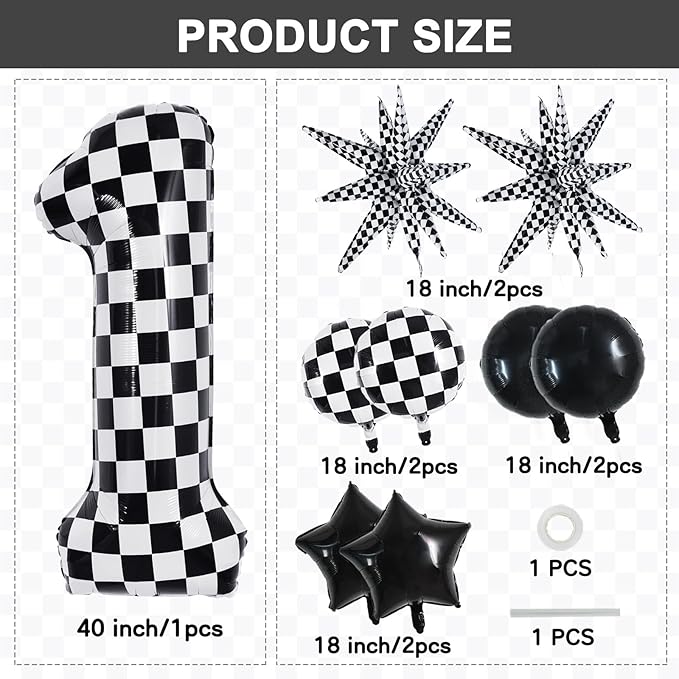 TONIFUL 40 Inch Checkered 1st Birthday Balloons Set Number 1 Race Car Black White Round Explosion Star Boys Race Car Balloons Themed Birthday Party Decoraction