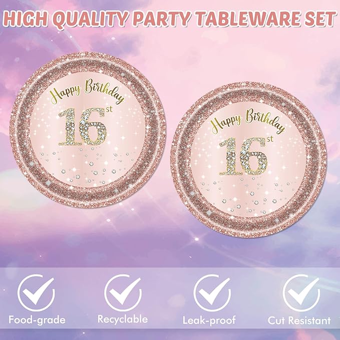 40PCS 16th Birthday Decorations for Girls Rose Gold Sweet 16 Party Decorations Kits Include Sweet 16 Plates and Napkins Set Sweet 16 Table Decorations for Girls Teenager Princess Party Supplies