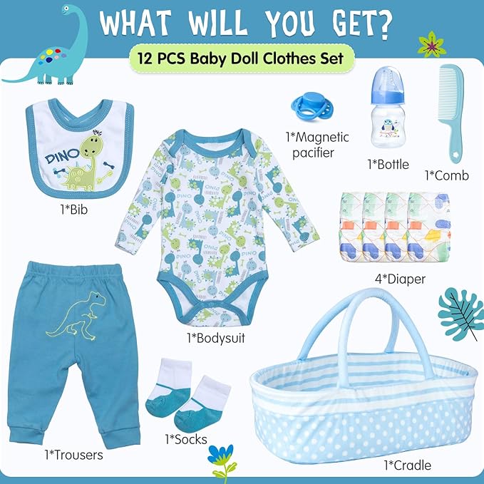 Reborn Baby Doll Clothes 12 Pcs Dinosaur Outfits Accessories for 17-22 Inch Babydolls Reborn Baby Boy Accessories Doll Bassinet Soft Crib Bed with Diaper Bottle Pacifier