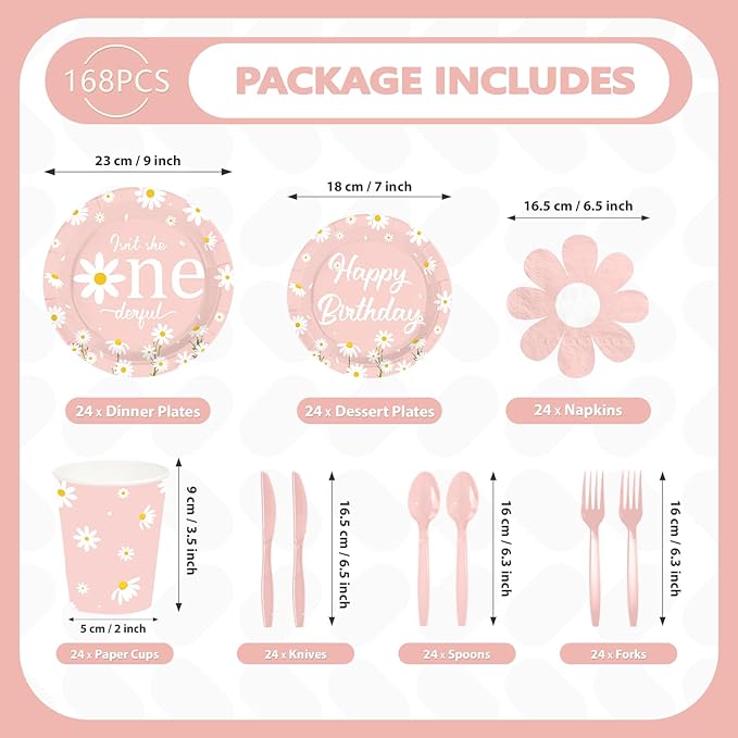 168Pcs Daisy 1st Birthday Party Decoration Isn't She Onederful Birthday Plates Napkins Cups Forks Knives Spoons Pink Daisy Flower Paper Tableware for Girls Groovy One Year Old Party Supplies Serves 24