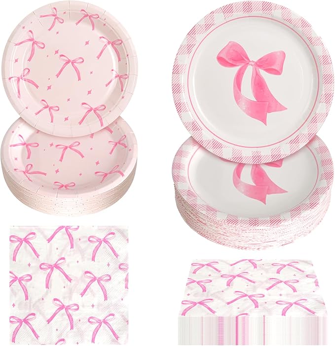 180Pcs Pink Bow Party Supplies Paper Plates and Napkins Serve 60 Disposable Tableware Set for Birthday Party Decorations Game Day Family Holiday Sports Events
