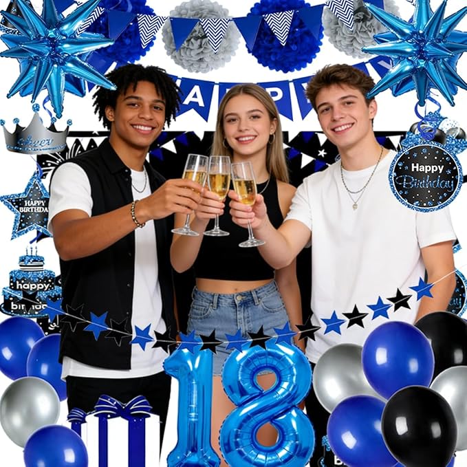 Blue Black 18th Birthday Decorations for Boys, 18 Birthday Banner & Balloons Set with Backdrop, Large 18 Foil Balloon, Hanging Swirls – Complete 18 Year Old Party Supplies.