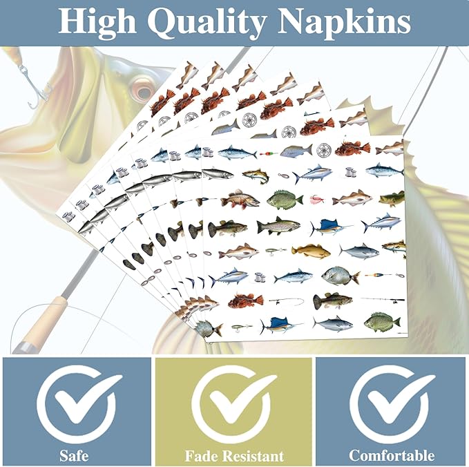 Rakuto Fishing Birthday Party Decorations - 50 Pcs Gone Fishing Plates Napkins Party Decorations, Disposable Fish Themed Tableware Supplies Set for Fish Tournament Birthday Serves 25