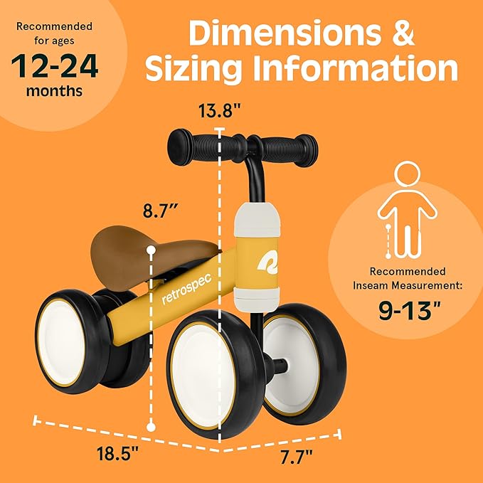 Retrospec Cricket Baby Walker Balance Bike with 4 Wheels for Ages 12-24 Months - Toddler Bicycle Toy for 1 Year Old’s - Ride On Toys for Boys and Girls - One Size (Sunflower)