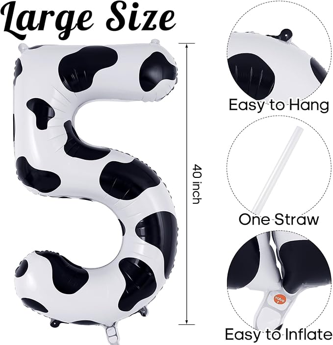 Cow Print Number 5 Balloon, Large 40 Inch Cow Number Birthday Balloons, Foil Mylar Number 5 Balloons for 5 Year Old Birthday Party Decorations Supplies Animal Farm Cowboy Cowgirl Themed Party