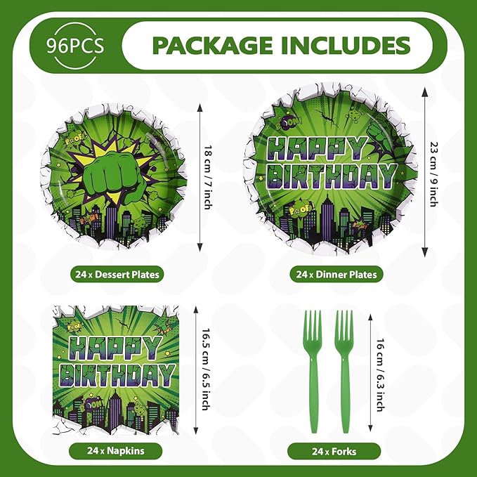 96Pcs Green Hero Birthday Party Supplies Super Green Hero Birthday Plates and Napkins Cityscape Super Bang Cartoon Movie Themed Tableware Set for Kids Boys Party Supplies，Serves 24