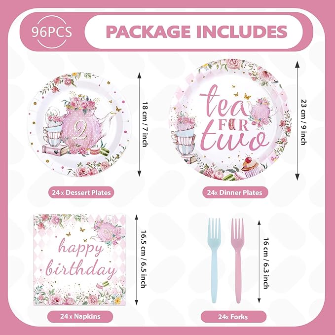 96Pcs Tea for Two Party Supplies Tea 2nd Year Old Girl Birthday Plates and Napkins Pink Floral Teapot Theme Tableware Set for Girls Tea-themed Baby Shower Birthday Party Supplies，Serves 24
