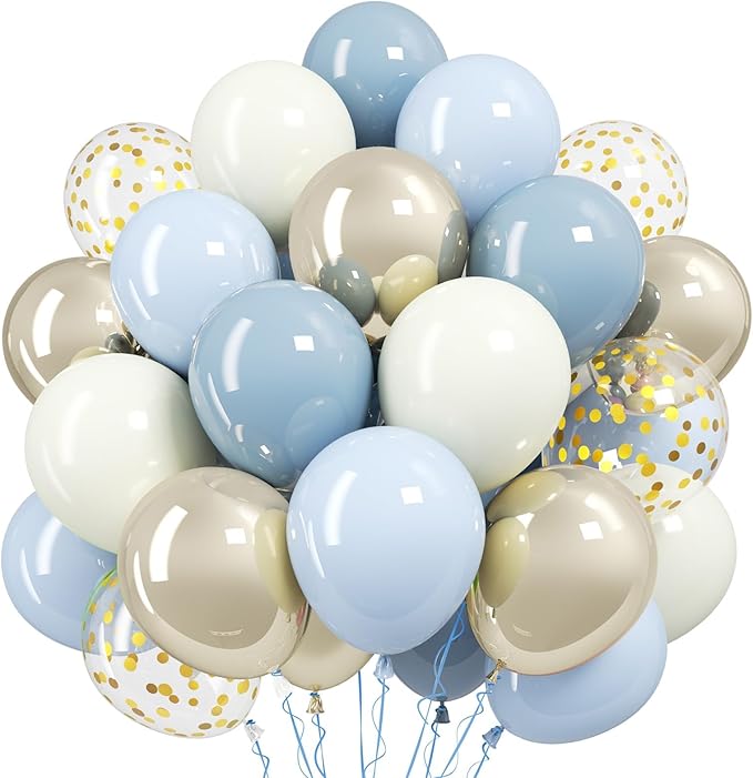 Dusty Blue Gold Balloons,12 Inch Pastel Baby Blue Sand White and Gold Latex Balloons for Boy Baby Shower Bridal Shower Baby Party Decorations