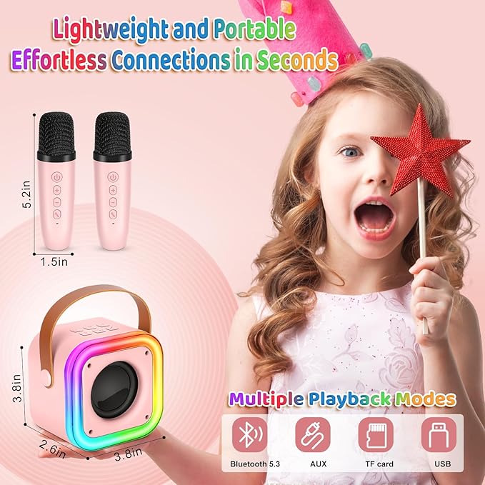 Mini Karaoke Machine for Kids, Girl Toys Gifts, Kids Karaoke Wireless Microphone for 4,5,6,7,8,9,10,11,12 Years Old Boys and Girls Christmas Party Gifts Toys (Pink)