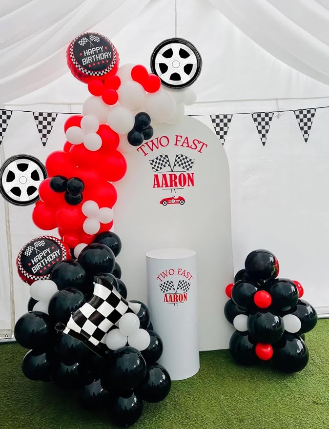 Race Car Balloon Arch Garland Kit, 103 Pcs Red Black Silver Balloons with Foil Checkered Flags and Wheels Balloons, for Racing Themed Birthday Party Supplies for Boys