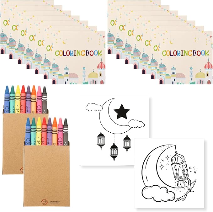 30 Sets Eid Gifts 24 Pages Mini Ramadan Coloring Books with 8 Colors Crayons Bulk Eid Mubarak Activity Party Favors Goodie Bag Fillers Stuffers DIY Craft
