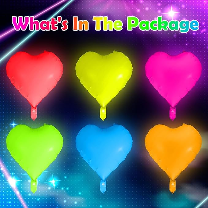 12 Pcs 22 Inches Heart Glow in The Dark Neon Balloons Glow Party Supplies Neon Foil Balloons 90 80s Hip Hop for Birthday Wedding Anniversary Backdrop Decor