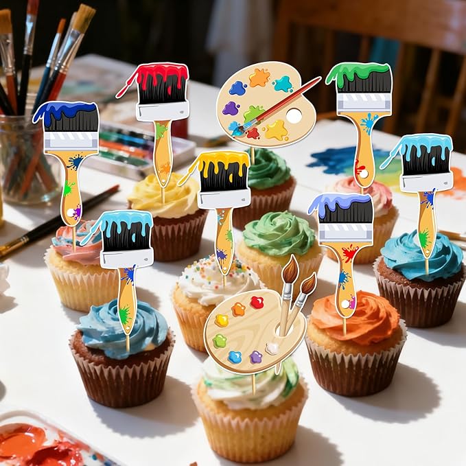 24pcs Art Paint Cupcake Toppers: Paint Brush Cupcake Toppers Art Theme Cake Decorations Artist Birthday Party Favors Supplies