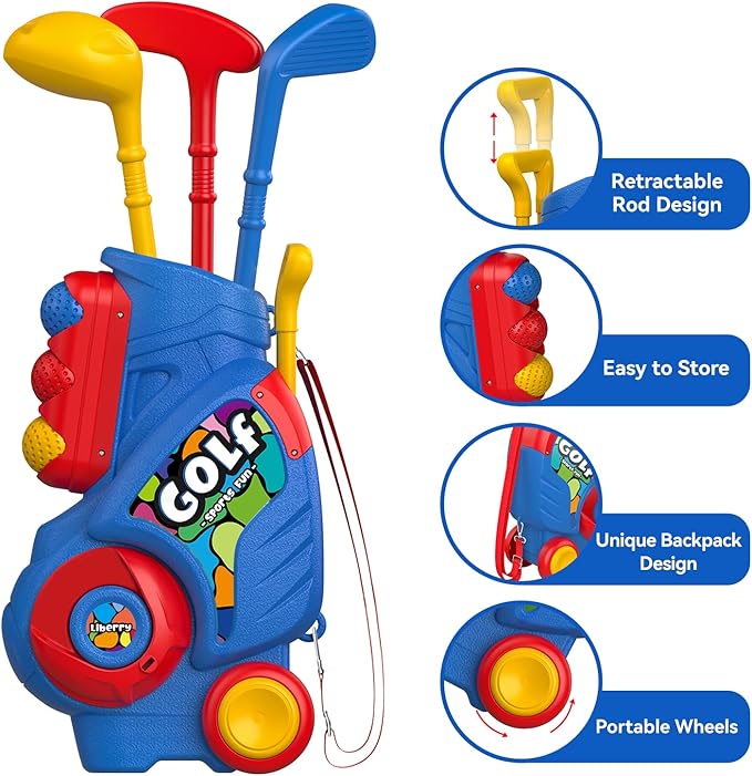 Liberry Toddler Golf Set with Putting Mat for 2 3 4 Years Old Boys Girls, Upgraded Kids Golf Cart with Unique Shoulder Strap Design, Indoor and Outdoor Golf Toys Gifts