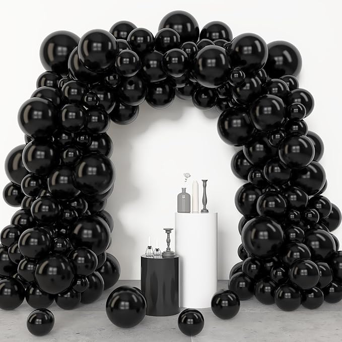 Amandir 153 Pcs Black Balloons Arch Garland Kit, Different Sizes 18 12 10 5 Inch Matte Black Latex Balloons for Retirement Graduation Casino Movie Night Men Birthday Shower Party Decorations