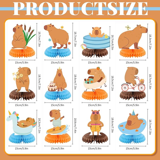 12 Pcs Capybara Birthday Party Decorations Honeycomb Centerpieces Capybara Table Topper Animals Capy Table Decoration for Birthday Party Favors Supplies
