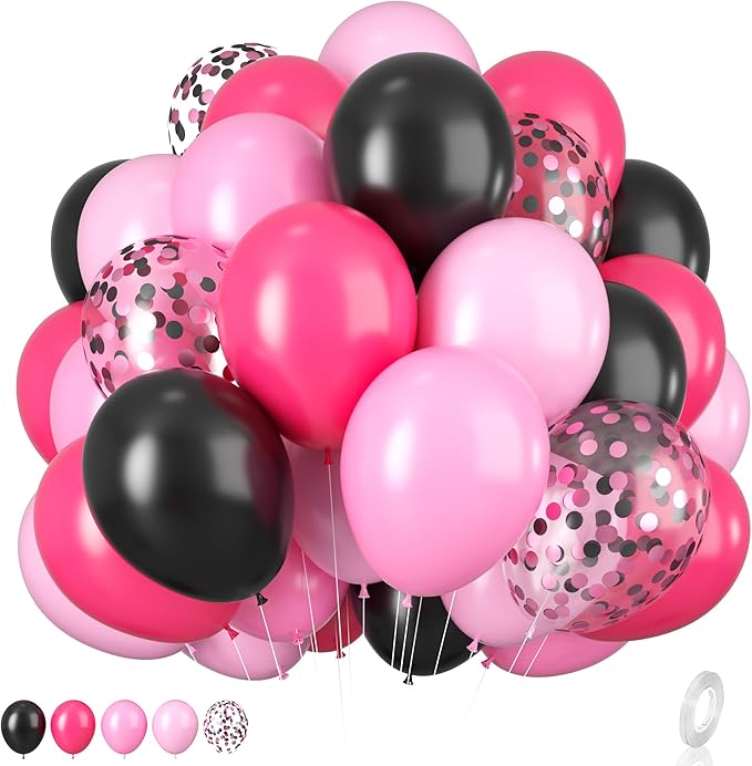 Pink and Black Balloons, 12 Inch Hot Pink Black Balloons Set with Black Pink Confetti Balloons, Pastel Pink Light Pink Black Balloons for Girl Birthday Party Wedding Decorations