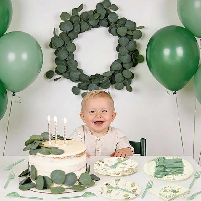 96Pcs Eucalyptus Baby Shower Party Plates Supplies Greenery Sage Green Leaves Baby Boy Tableware Decorations Disposable Paper Plates Napkins Forks for Kids Birthday Gender Reveal, Serves 24
