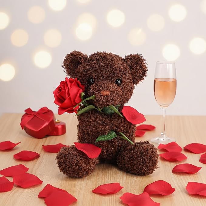 Civaner Bear Stuffed Animal Gift with Rose Funny Cute Bear Stuffed Animal Plush Gift for Mother Day Mom Birthday Wedding Christmas, 11.8 Inches(Brown)