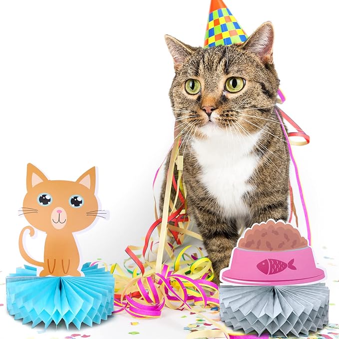 Chinco 9 Pcs Cat Party Centerpieces for Tables Birthday Decorations Honeycomb Cat Party Supplies Table Topper Decoration for Bridal Shower Wedding Birthday