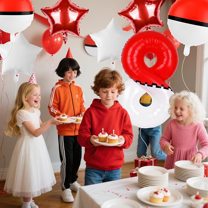 40 Inch Red & White Cartoon Themed Theme Number Balloon, Number Block Foil Number 8 Balloons Large Big Numbers Helium Balloon for Girls Boys 8th Birthday Theme Party Decorations (Number 8)