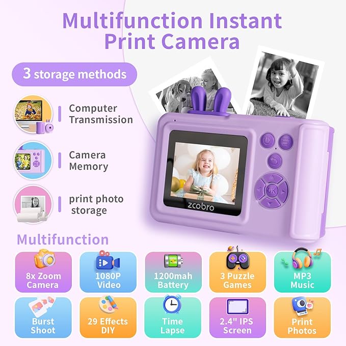 Kids Camera Instant Print Camera for Kids 1080P Toddler Camera That Print Photos Children Instant Cameras Toy for Girls Boys Age 3-12 Travel Kid Digital Camera Christmas Birthday Gifts (Purple)