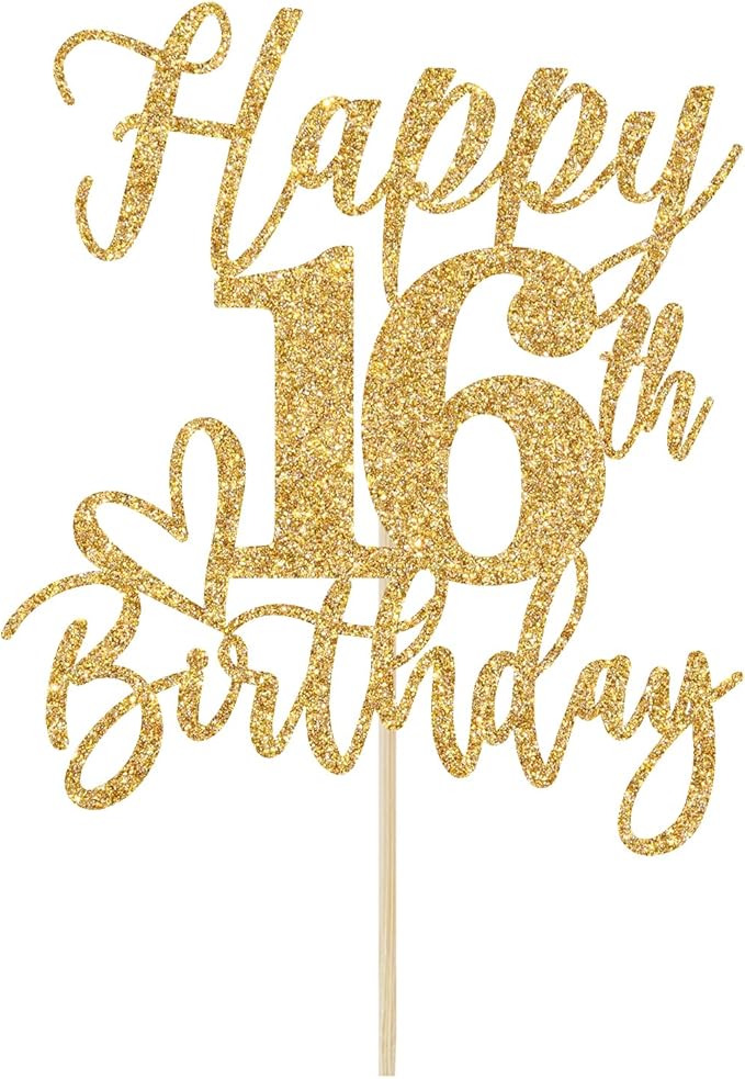 Happy 16th Birthday Cake Topper, 16th Birthday Decorations, Sweet Sixteen, Cheers to 16 Years, 16th Happy Birthday Party Decorations Supplies Gold Glitter